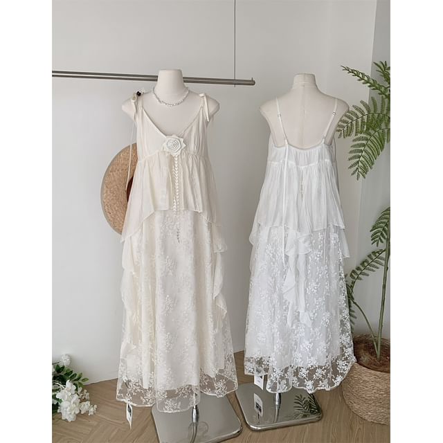 Lace A-Line Maxi Dress - V-Neck Spaghetti Strap