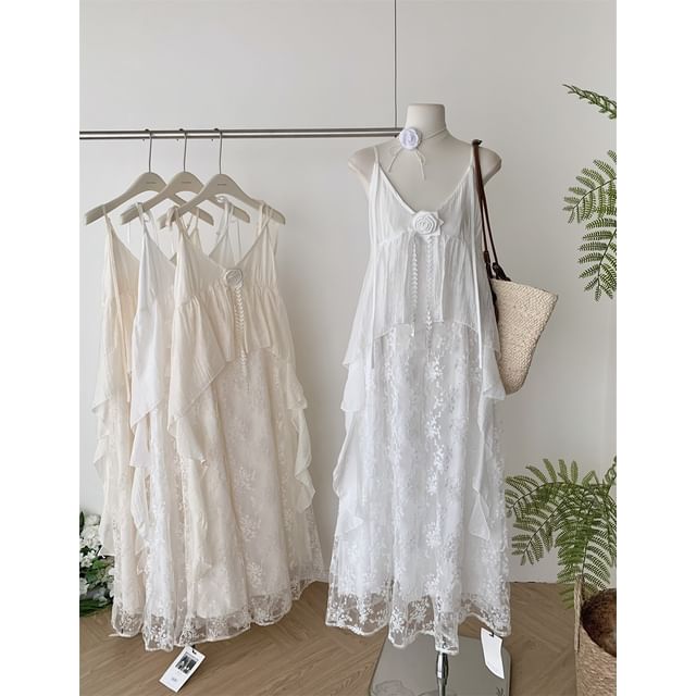 Lace A-Line Maxi Dress - V-Neck Spaghetti Strap