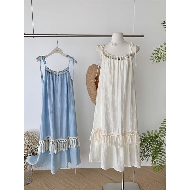 Fringed A-Line Maxi Dress - Sleeveless Plain