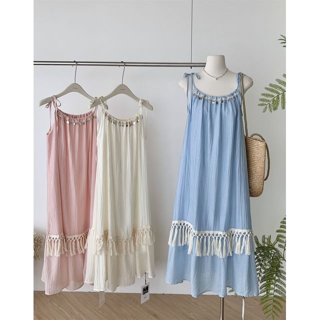 Fringed A-Line Maxi Dress - Sleeveless Plain