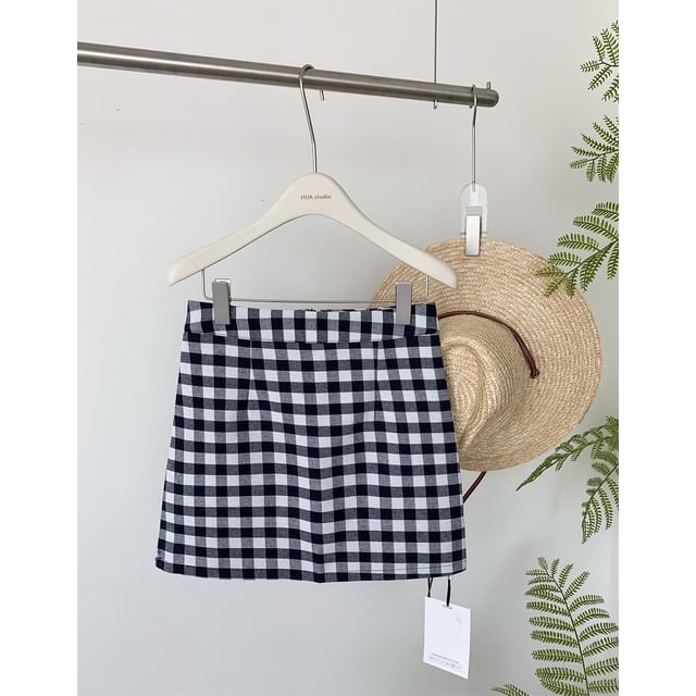Plaid Mini A-Line Skirt with High Rise