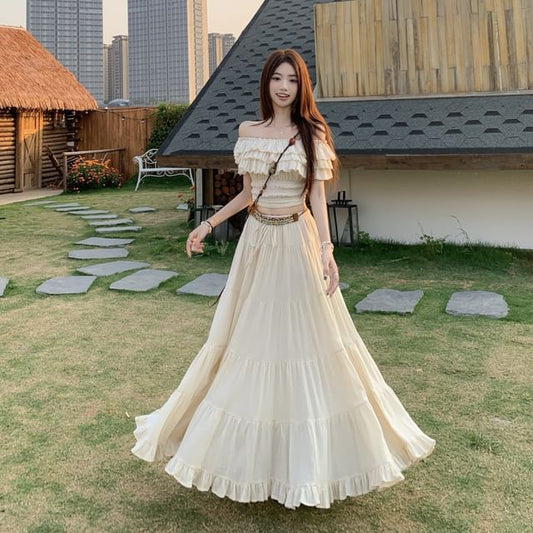 Off-Shoulder Crop Top with Ruffled Sleeves and Maxi Skirt Set