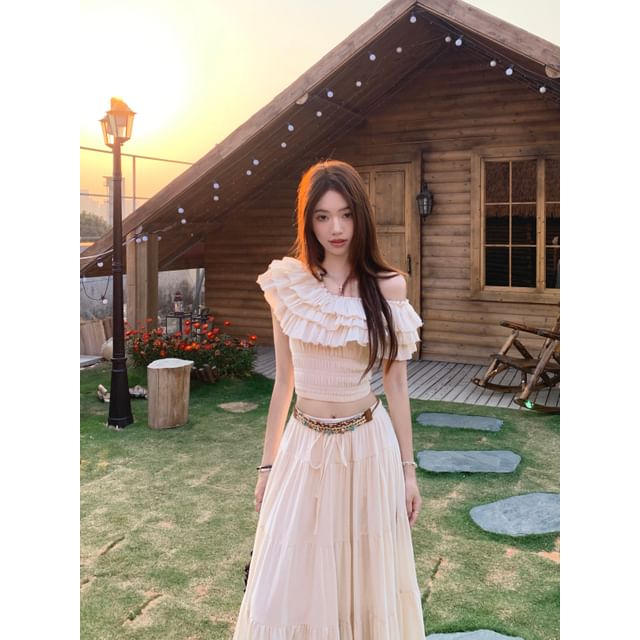 Off-Shoulder Crop Top with Ruffled Sleeves and Maxi Skirt Set