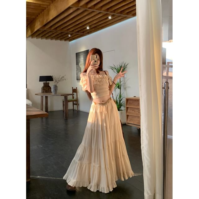 Off-Shoulder Crop Top with Ruffled Sleeves and Maxi Skirt Set