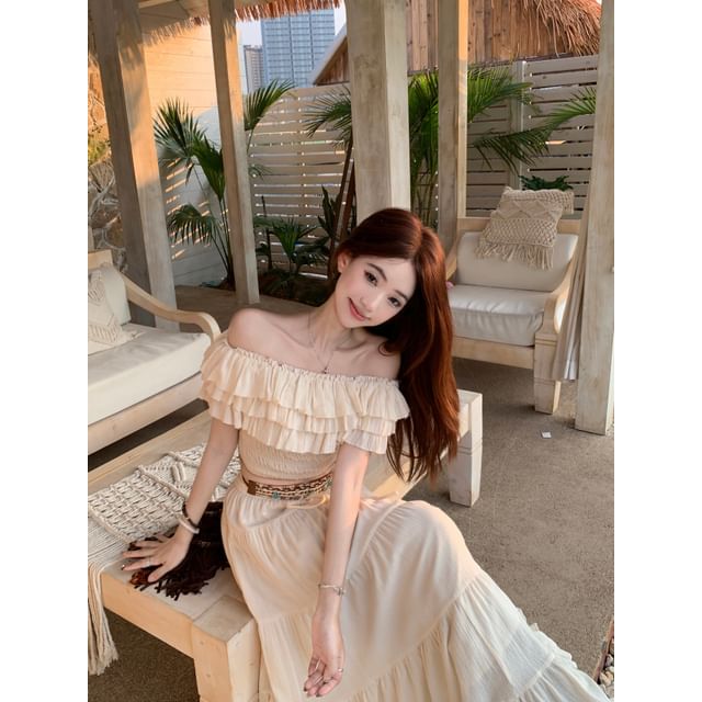 Off-Shoulder Crop Top with Ruffled Sleeves and Maxi Skirt Set