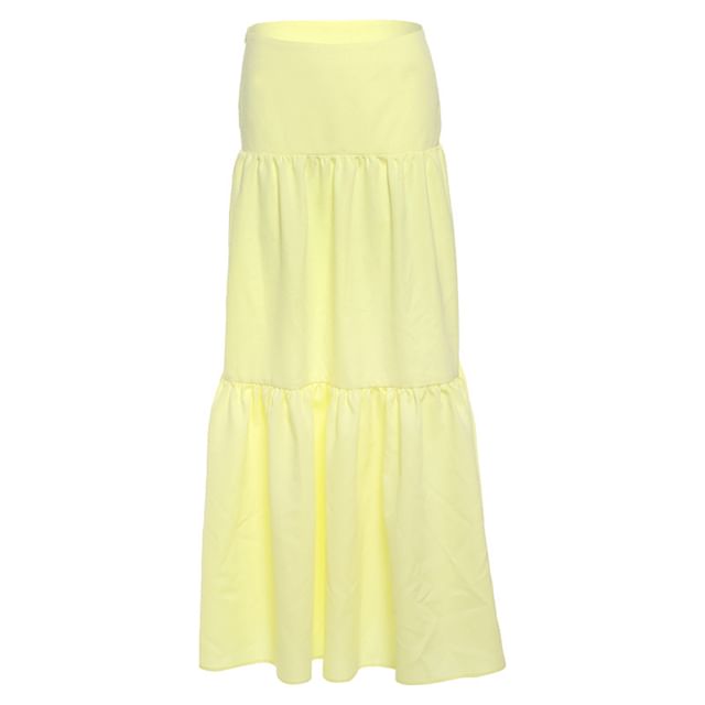 Leopard Print Ruched Tube Top Combined with High-Waisted Plain A-Line Maxi Skirt
