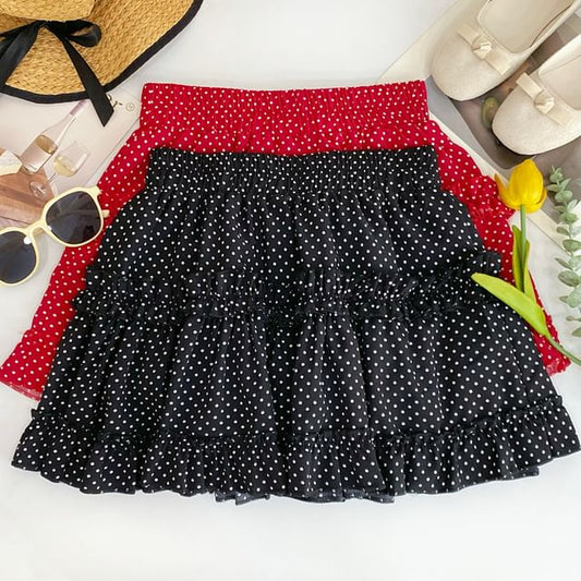 Polka Dot Ruffled Flared Mini Skirt