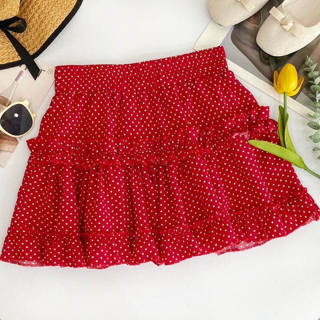 Polka Dot Ruffled Flared Mini Skirt