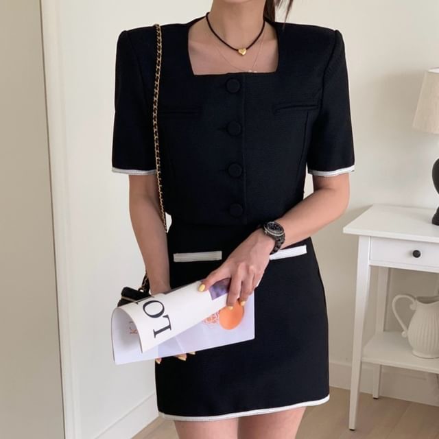 Square Neck Crop Jacket and Pencil Skirt Set