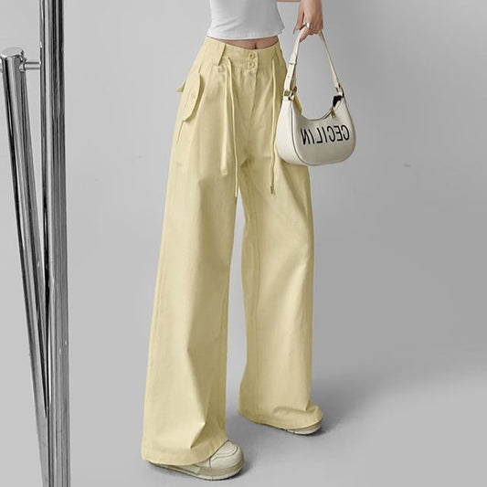 Mid Rise Plain Wide Leg Cargo Pants (Various Designs)