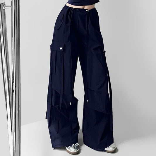 Drawstring Waist Plain Wide Leg Cargo Pants