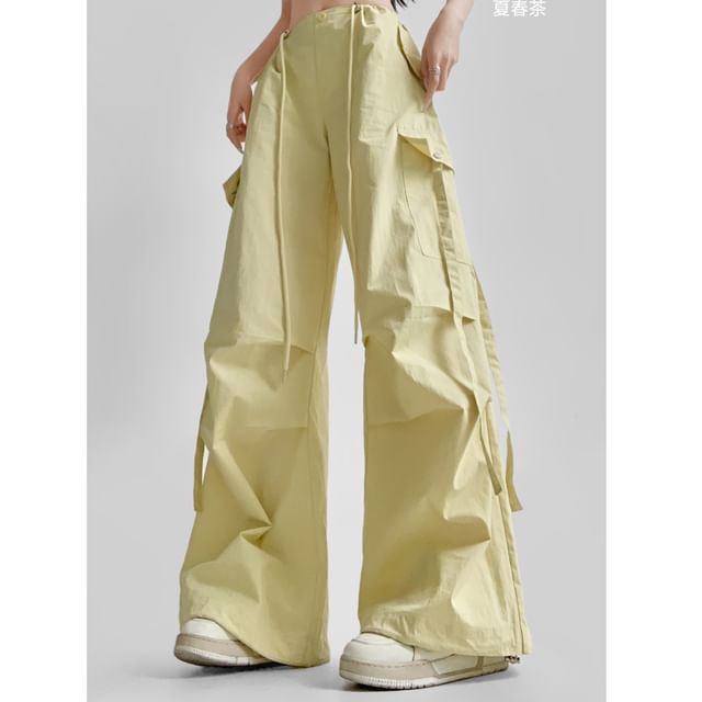 Drawstring Waist Plain Wide Leg Cargo Pants