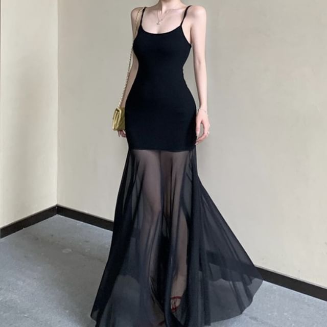Mesh Panel Mermaid Maxi Dress - Spaghetti Strap Plain