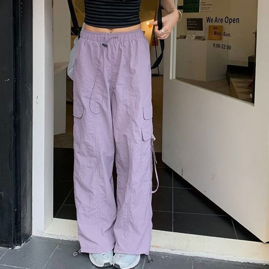 High Waist Plain Wide Leg Cargo Pants