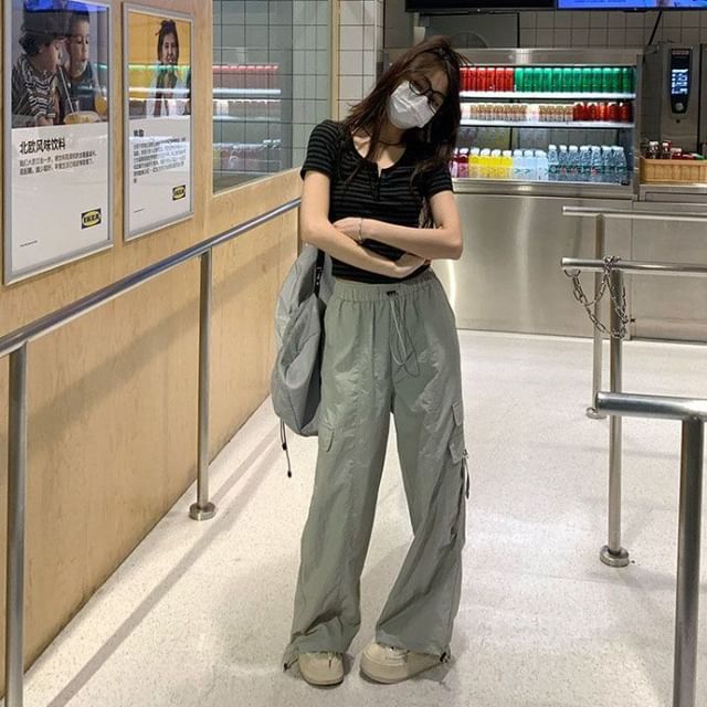 High Waist Plain Wide Leg Cargo Pants