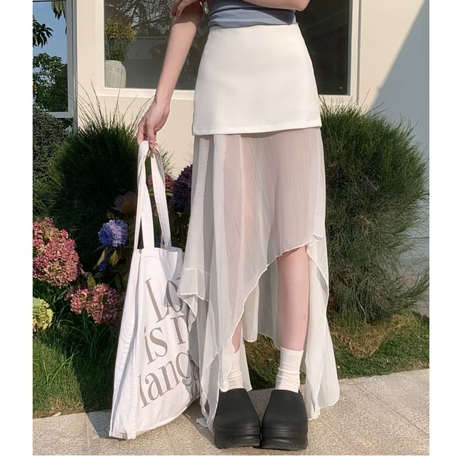 Mock Two-Piece Asymmetric Skirt with Mesh Panel and High Rise