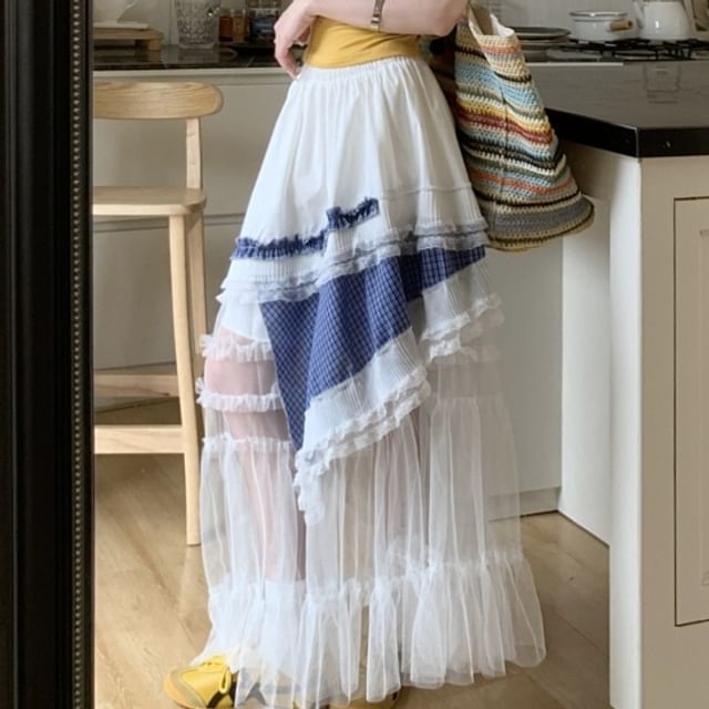 High-Rise Plaid Paneled Maxi A-Line Skirt