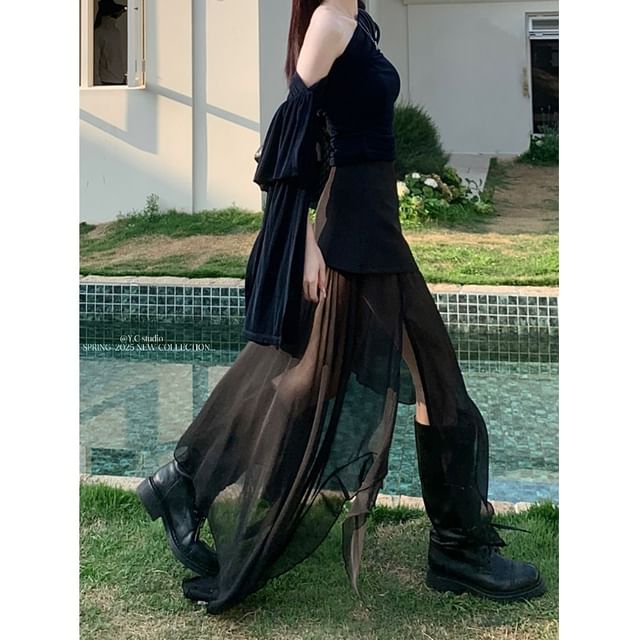 Mock Two-Piece Asymmetric Skirt with Mesh Panel and High Rise