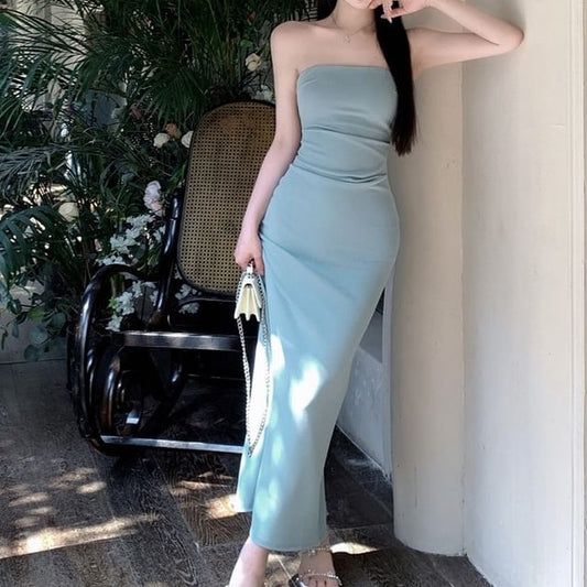 Sheath Maxi Dress - Strapless Plain
