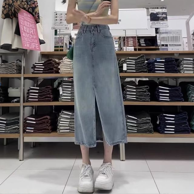 Slit Denim Midi Skirt with High Waist