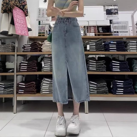 Slit Denim Midi Skirt with High Waist