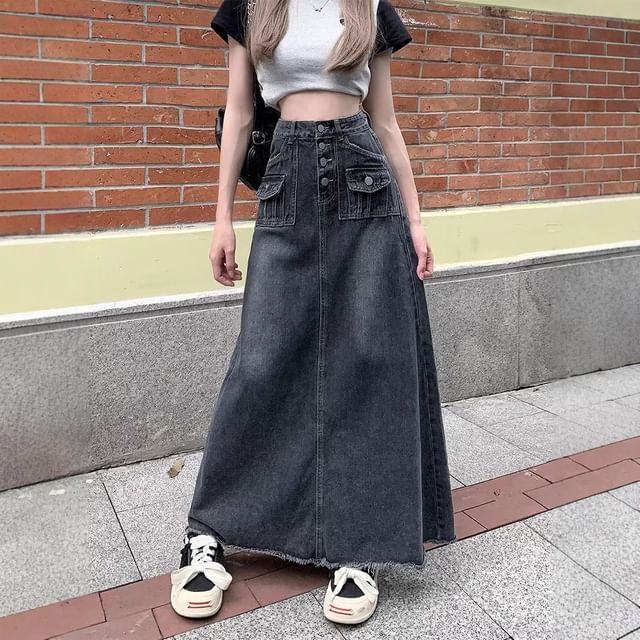 Button-Front Denim Maxi Skirt with Frayed Details
