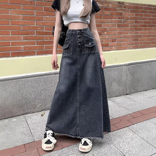Button-Front Denim Maxi Skirt with Frayed Details