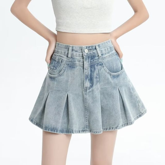 Pleated Denim Mini Skirt with High Waist