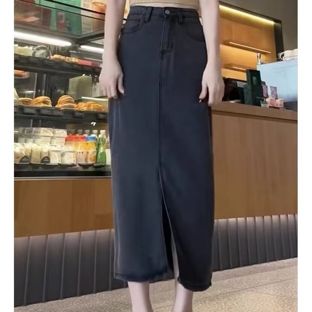Slit Denim Midi Skirt with High Waist