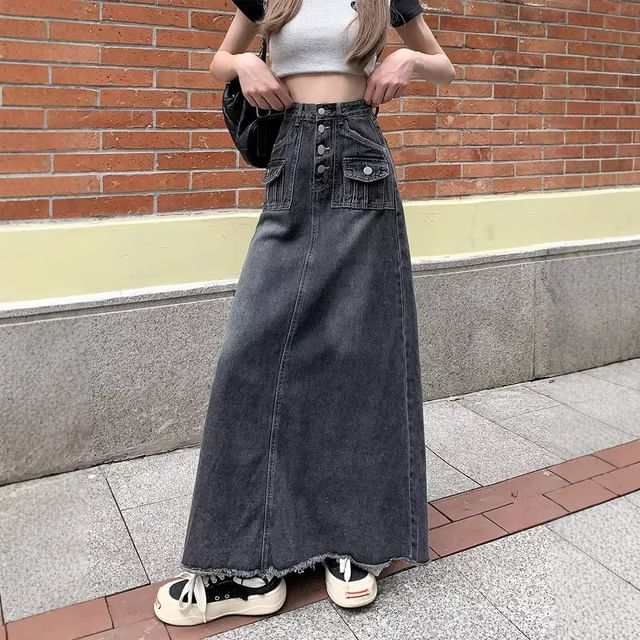 Button-Front Denim Maxi Skirt with Frayed Details