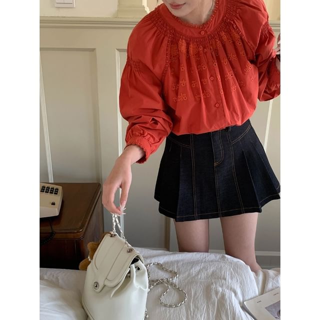 Contrast Stitched Pleated Denim Mini Skirt