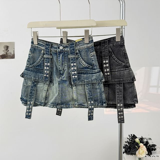 Washed Denim Mini Skirt with Pockets and High Waist