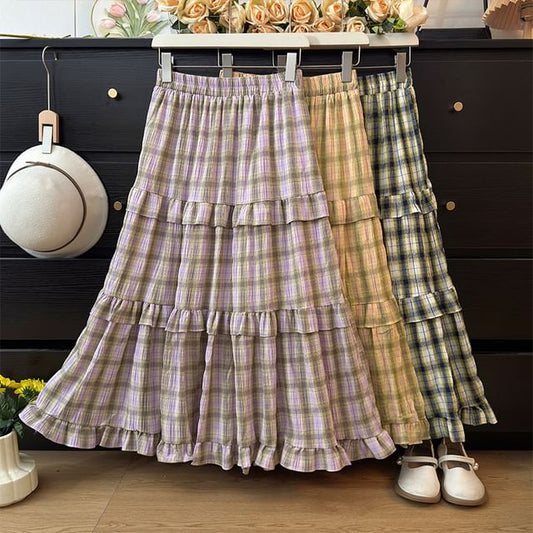 Plaid Ruffled Hem Maxi A-Line Skirt with High Rise
