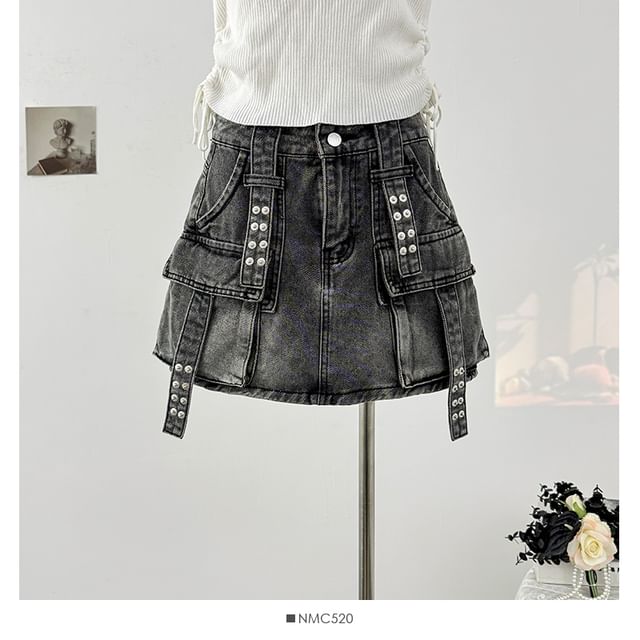Washed Denim Mini Skirt with Pockets and High Waist