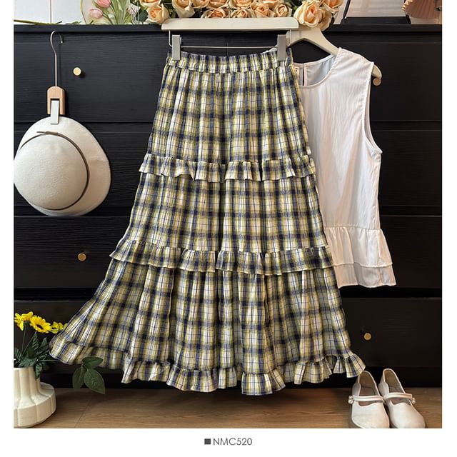 Plaid Ruffled Hem Maxi A-Line Skirt with High Rise
