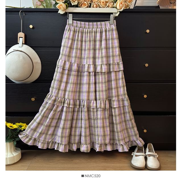 Plaid Ruffled Hem Maxi A-Line Skirt with High Rise