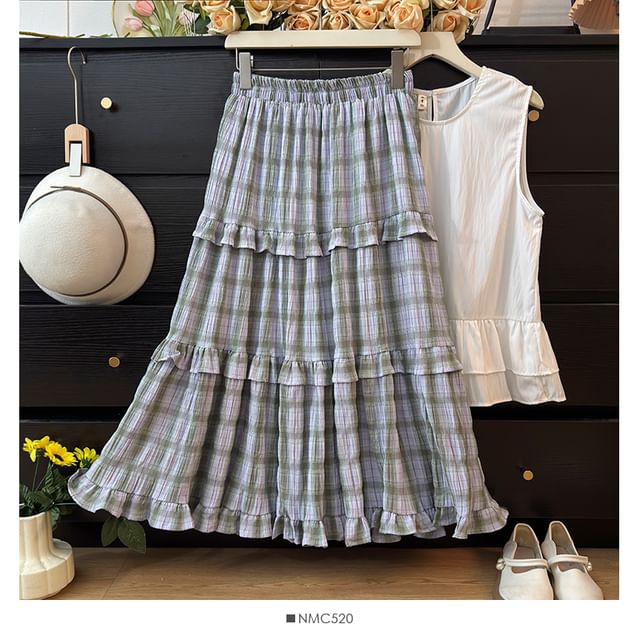Plaid Ruffled Hem Maxi A-Line Skirt with High Rise