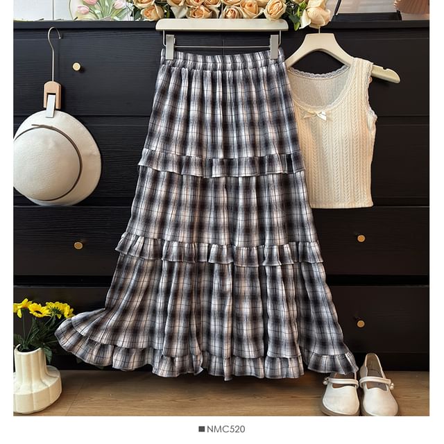 Plaid Ruffled Hem Maxi A-Line Skirt with High Rise