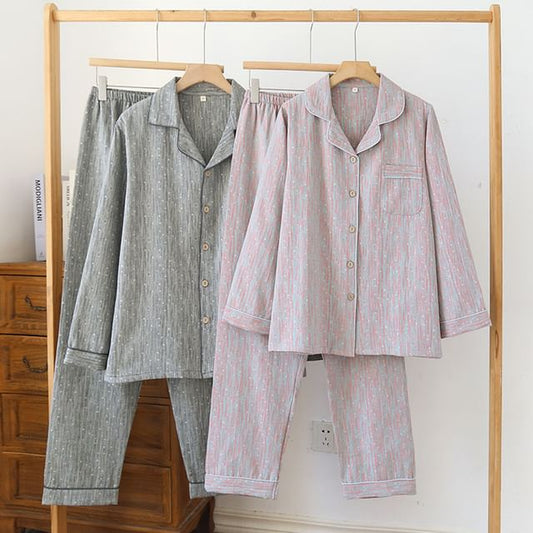 Couple Matching Pajama Set: Long Sleeve Collared Patterned Shirt + Elastic Waist Straight Leg Pants (Various Designs)