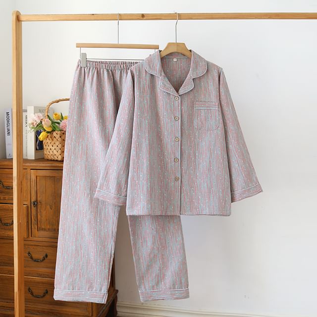 Couple Matching Pajama Set: Long Sleeve Collared Patterned Shirt + Elastic Waist Straight Leg Pants (Various Designs)