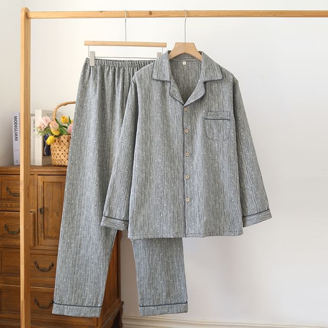 Couple Matching Pajama Set: Long Sleeve Collared Patterned Shirt + Elastic Waist Straight Leg Pants (Various Designs)