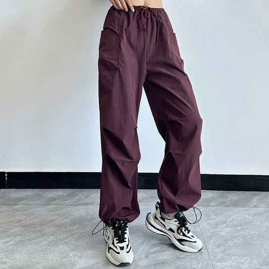 Drawstring Waist Plain Loose Fit Cargo Pants