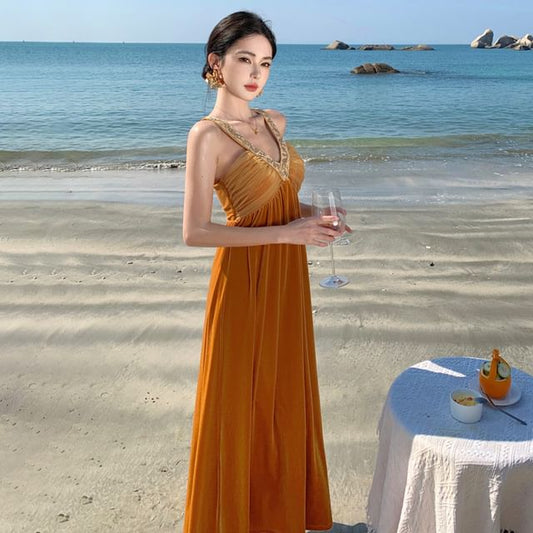 Velvet A-Line Maxi Dress - Sleeveless