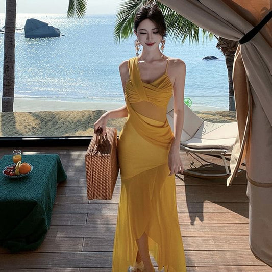 Mesh Mermaid Maxi Dress - V-Neck Sleeveless