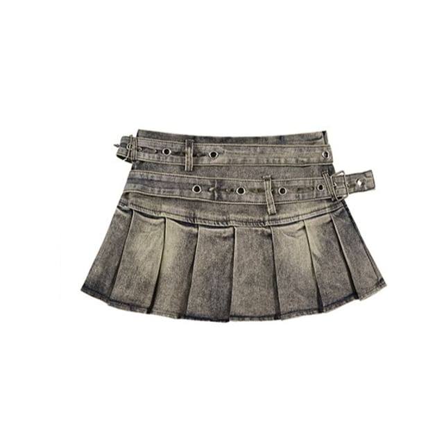 Washed Pleated Denim Mini A-Line Skirt with Belt Set