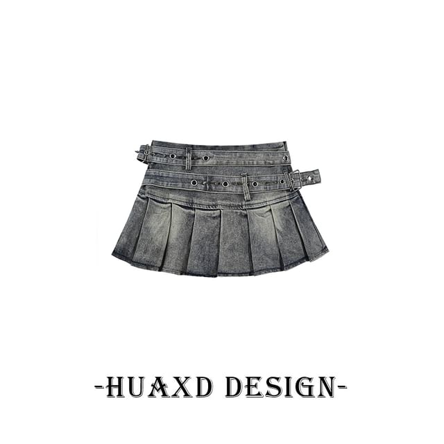 Washed Pleated Denim Mini A-Line Skirt with Belt Set