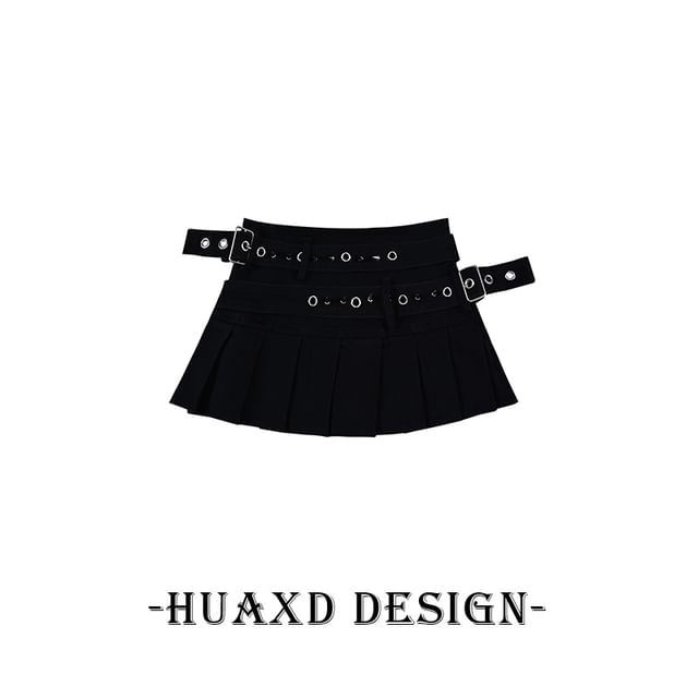 Washed Pleated Denim Mini A-Line Skirt with Belt Set