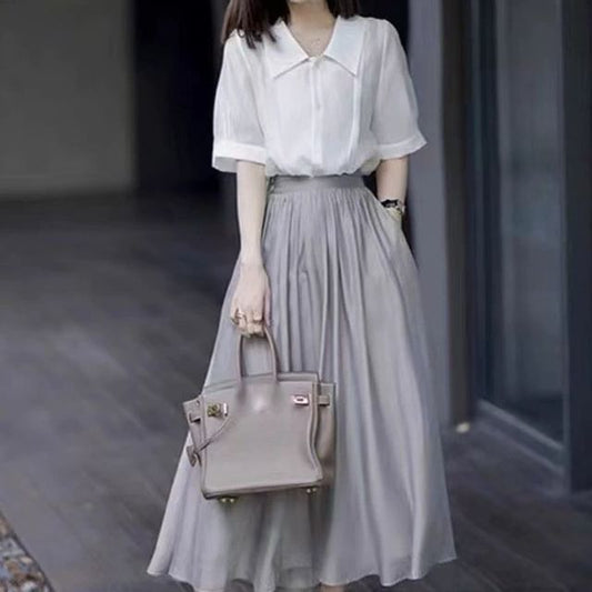 Short-Sleeve Shirt Paired with High-Rise Maxi A-Line Skirt Set