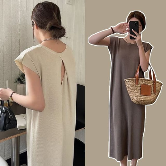 Maternity Shift Dress - Cap Sleeve Round Neck Cutout