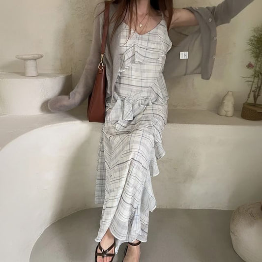 Plaid Ruffle A-Line Maxi Dress - V-Neck Spaghetti Strap